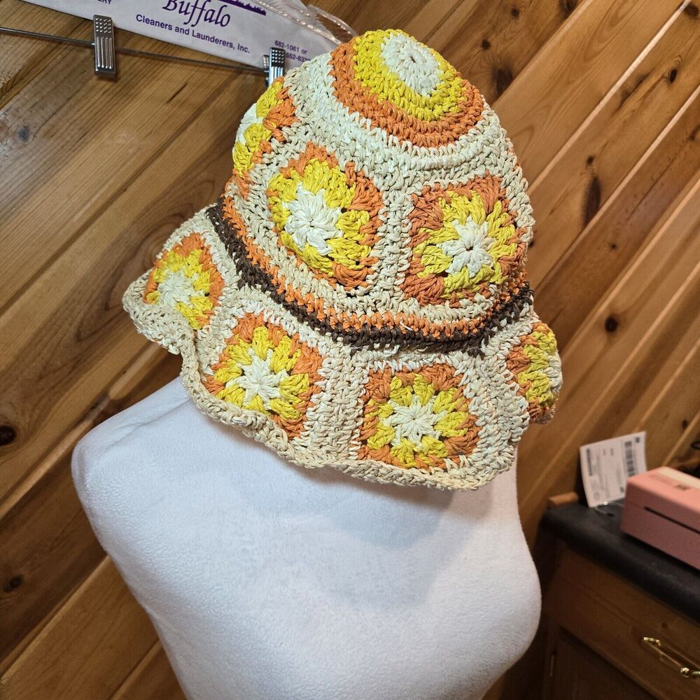 Steve Madden Boho‎ Hippie Crochet Bucket Hat Paper Yarn Square Orange & Yellow